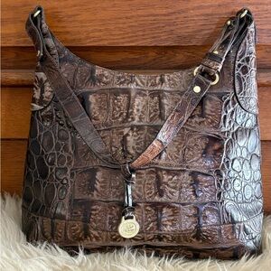 Brahmin Esme Crocodile-Embossed Leather in Pecan Melbourne Satchel Bag with COA